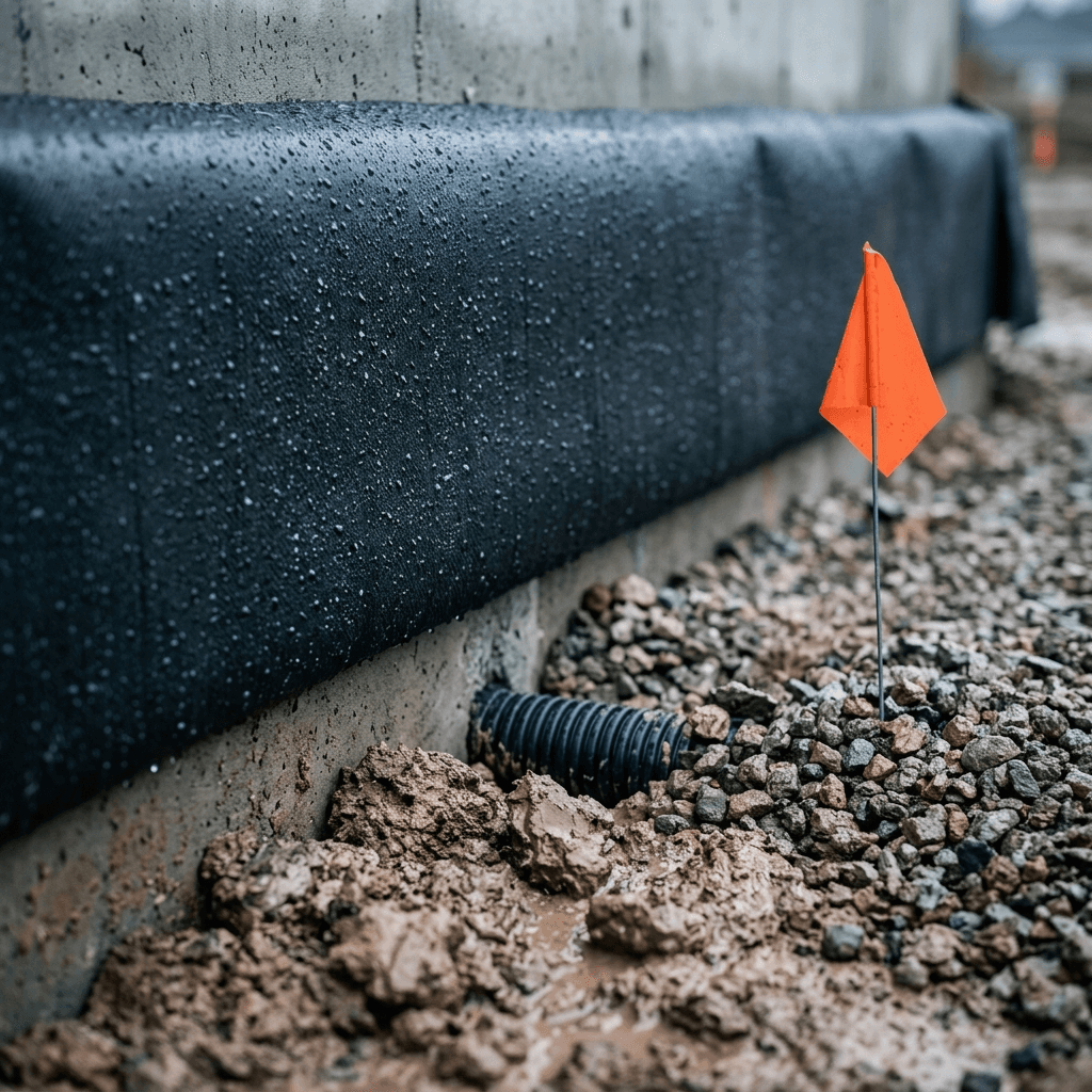 Black waterproof membrane and gravel backfill installed along a foundation footing, with a corrugated drain pipe directing water away from the slab
