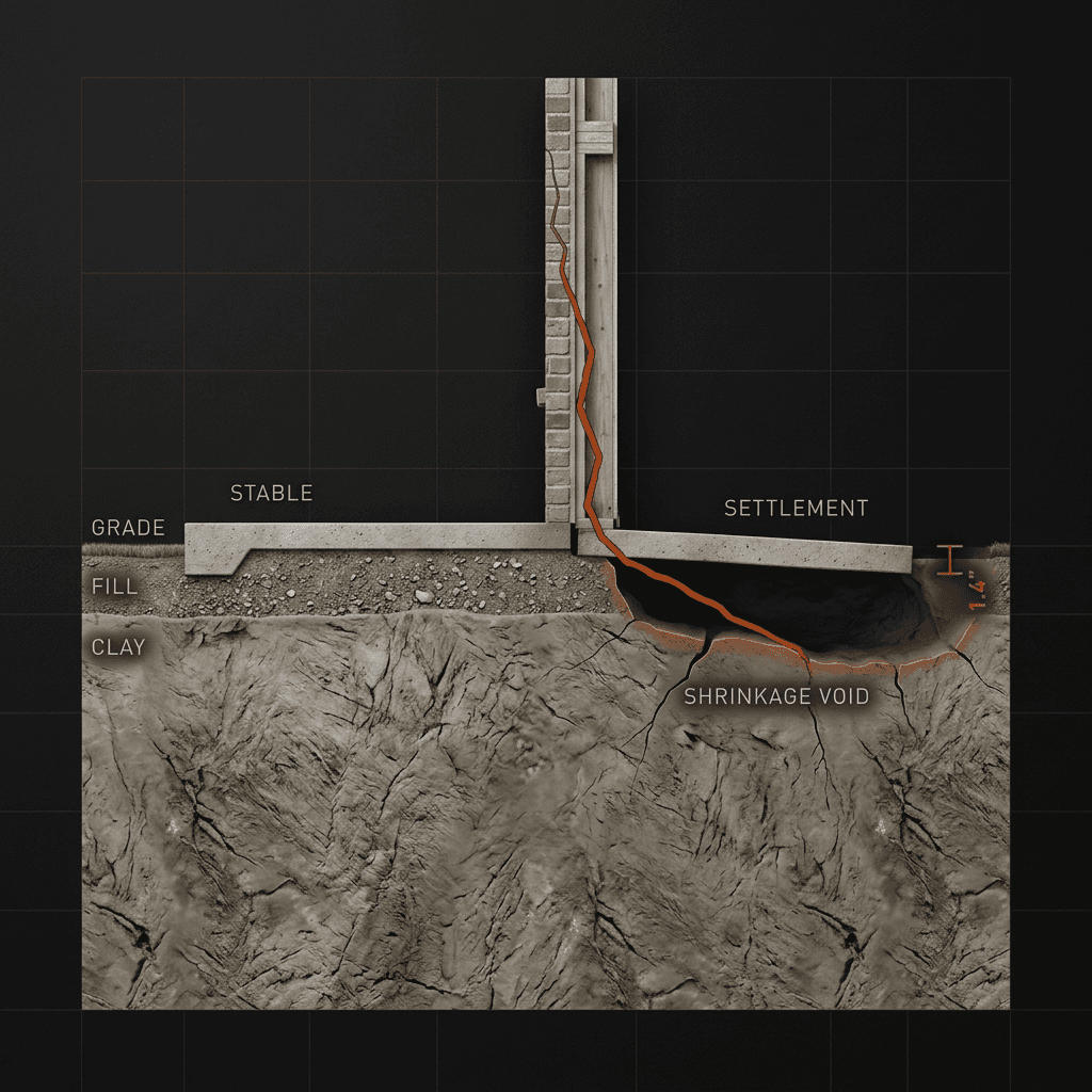 Cross-section diagram of a house foundation showing a stable side and a settled side, with a crack propagating from a shrinkage void in the clay up through the slab and wall, labeled with grade, fill, clay, and a 1.4 inch elevation measurement