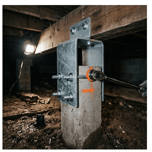 Galvanized steel pier bracket being torqued onto a concrete piling under a raised pier-and-beam foundation