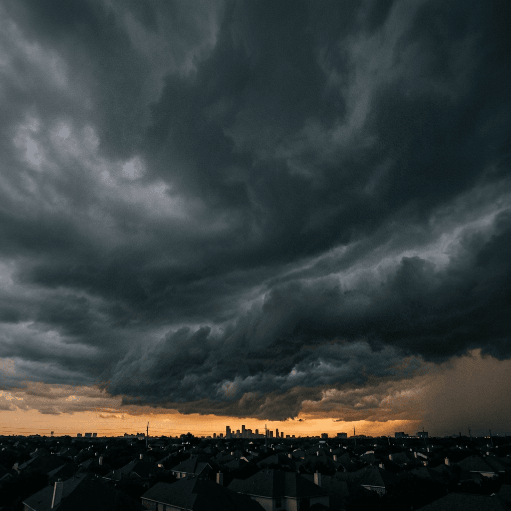 Dark storm clouds gathering over a Houston suburb at dusk