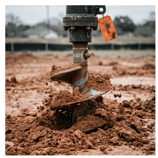 Hydraulic piling auger boring into reddish-brown Houston clay soil at a job site